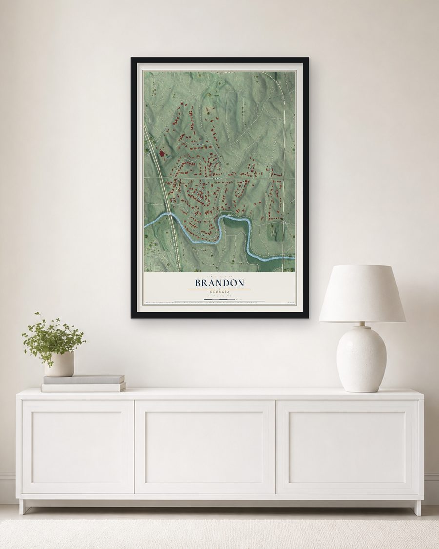 The Brandon, Georgia map, 24 x 36 in, in a black wood frame on a living room wall