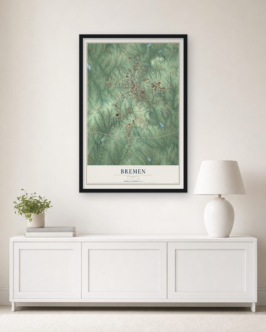 The Bremen, Georgia map, 24 x 36 in, in a black wood frame on a living room wall