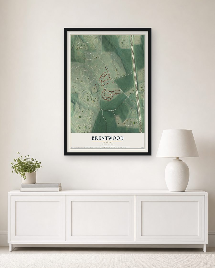 The Brentwood, Georgia map, 24 x 36 in, in a black wood frame on a living room wall