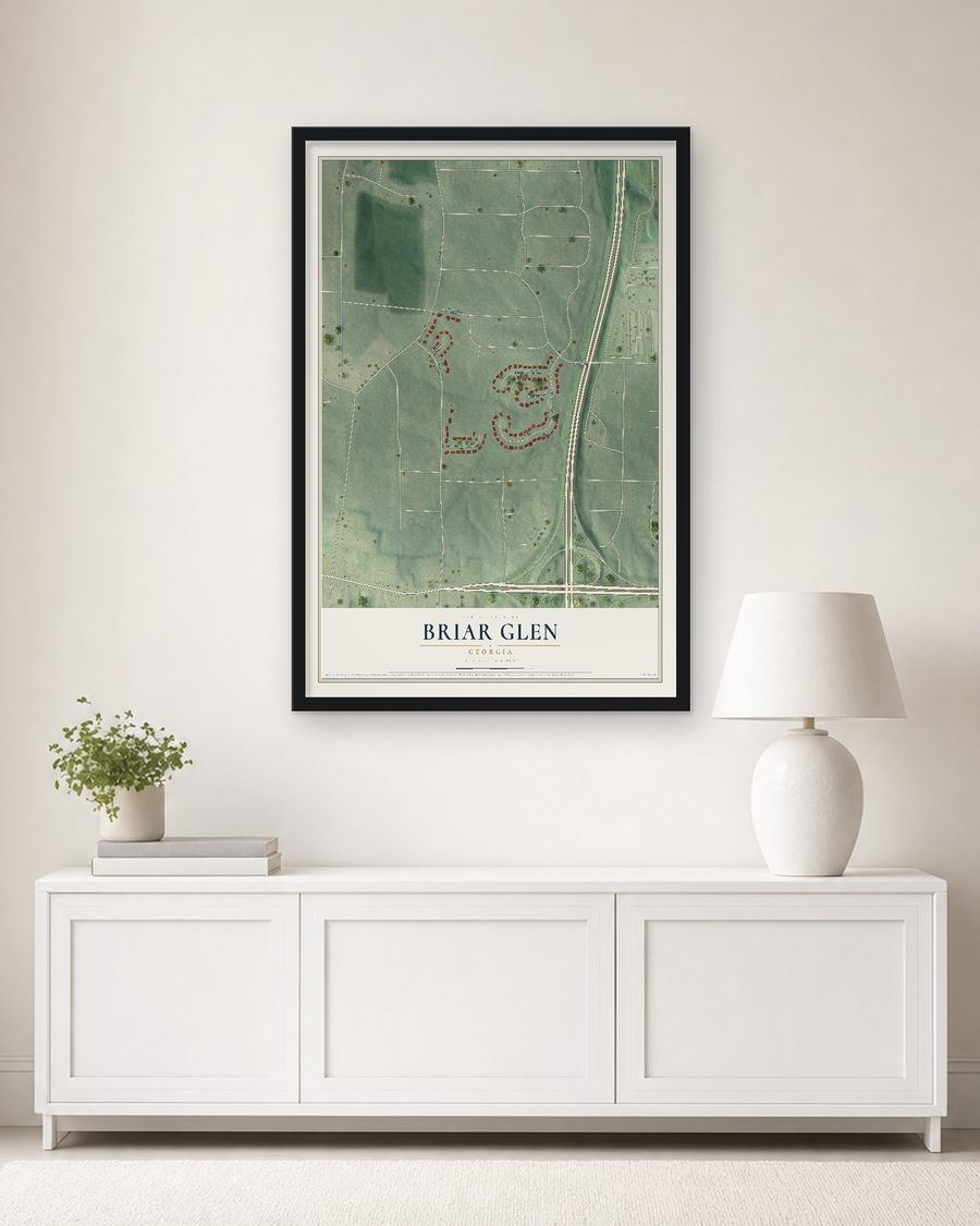 The Briar Glen, Georgia map, 24 x 36 in, in a black wood frame on a living room wall