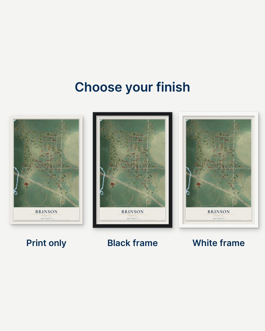 The Brinson, Georgia map as a print only, in a black frame and in a white frame