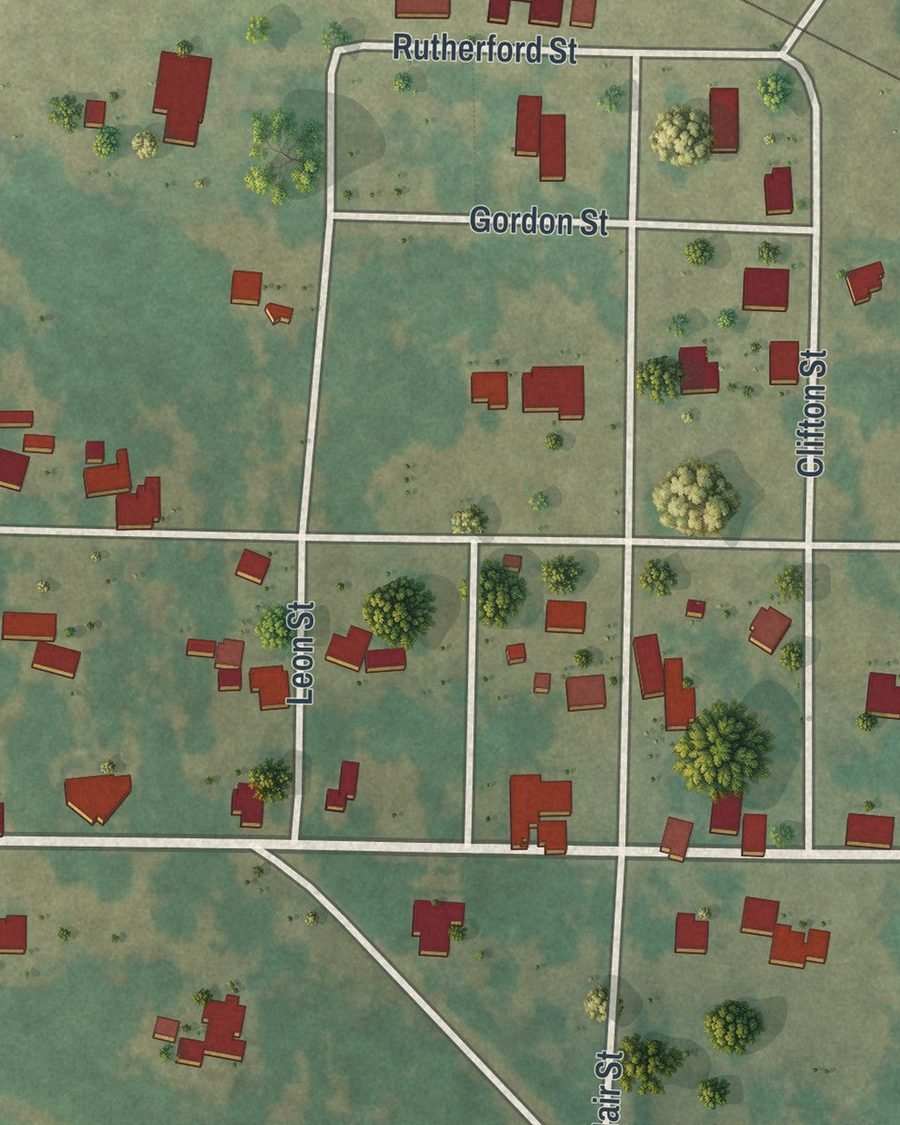 Close-up of Brinson streets on the map
