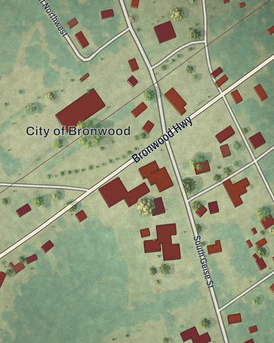 Close-up of Bronwood streets on the map