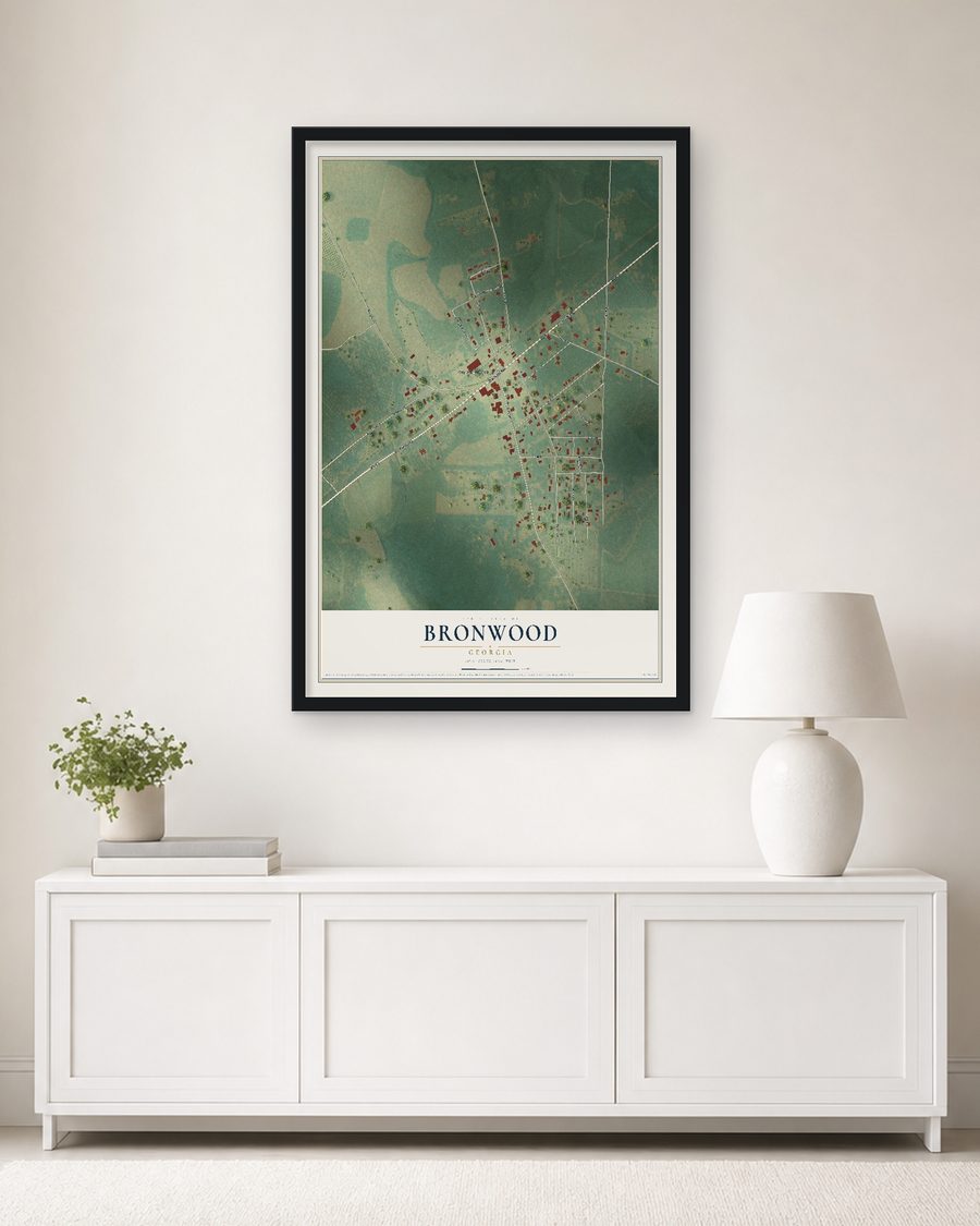 The Bronwood, Georgia map, 24 x 36 in, in a black wood frame on a living room wall
