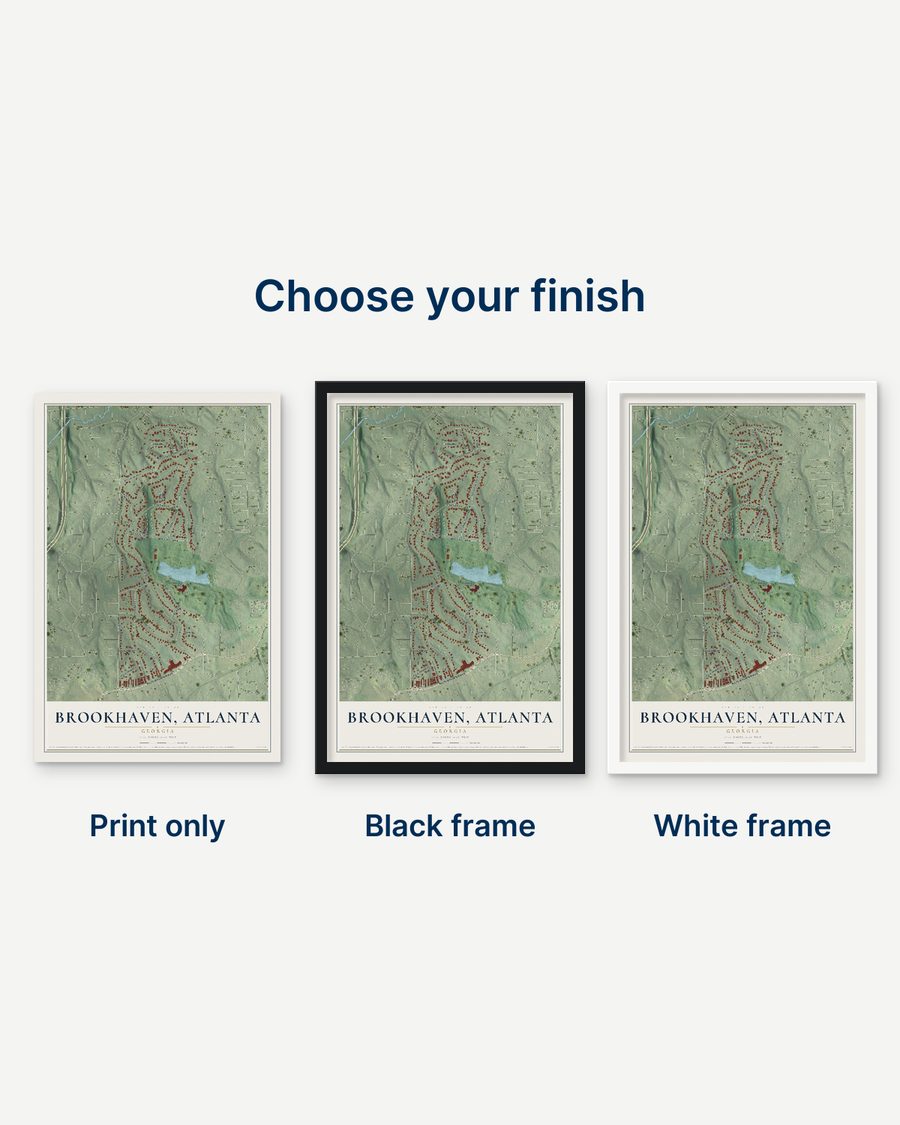 The Brookhaven, Atlanta, Georgia map as a print only, in a black frame and in a white frame