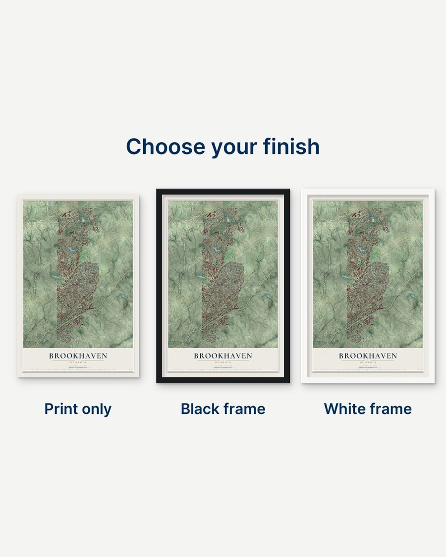 The Brookhaven, Georgia map as a print only, in a black frame and in a white frame