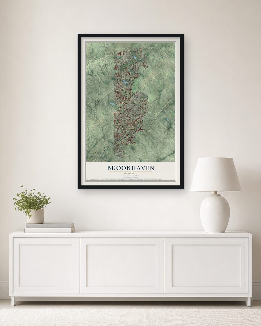 The Brookhaven, Georgia map, 24 x 36 in, in a black wood frame on a living room wall