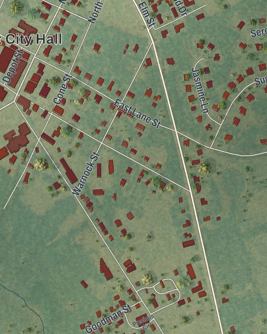 Close-up of Brooklet streets on the map