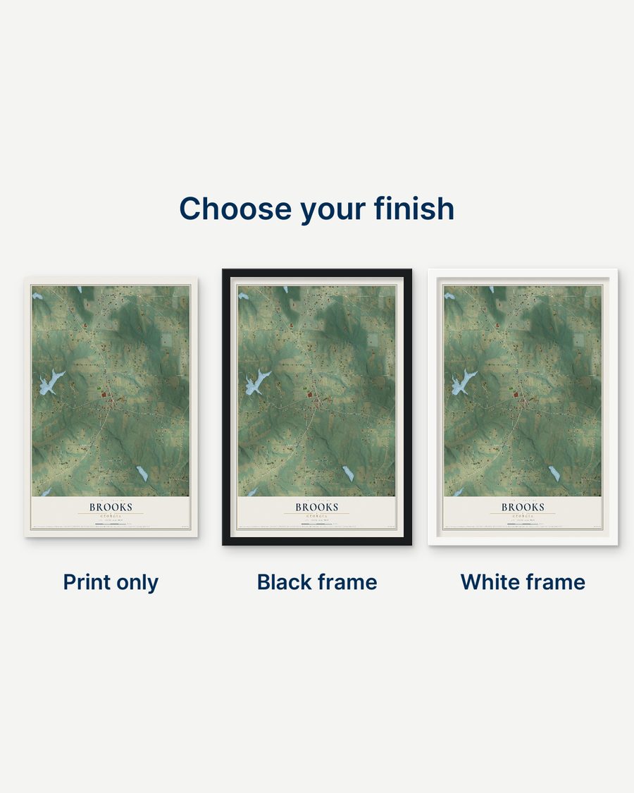The Brooks, Georgia map as a print only, in a black frame and in a white frame