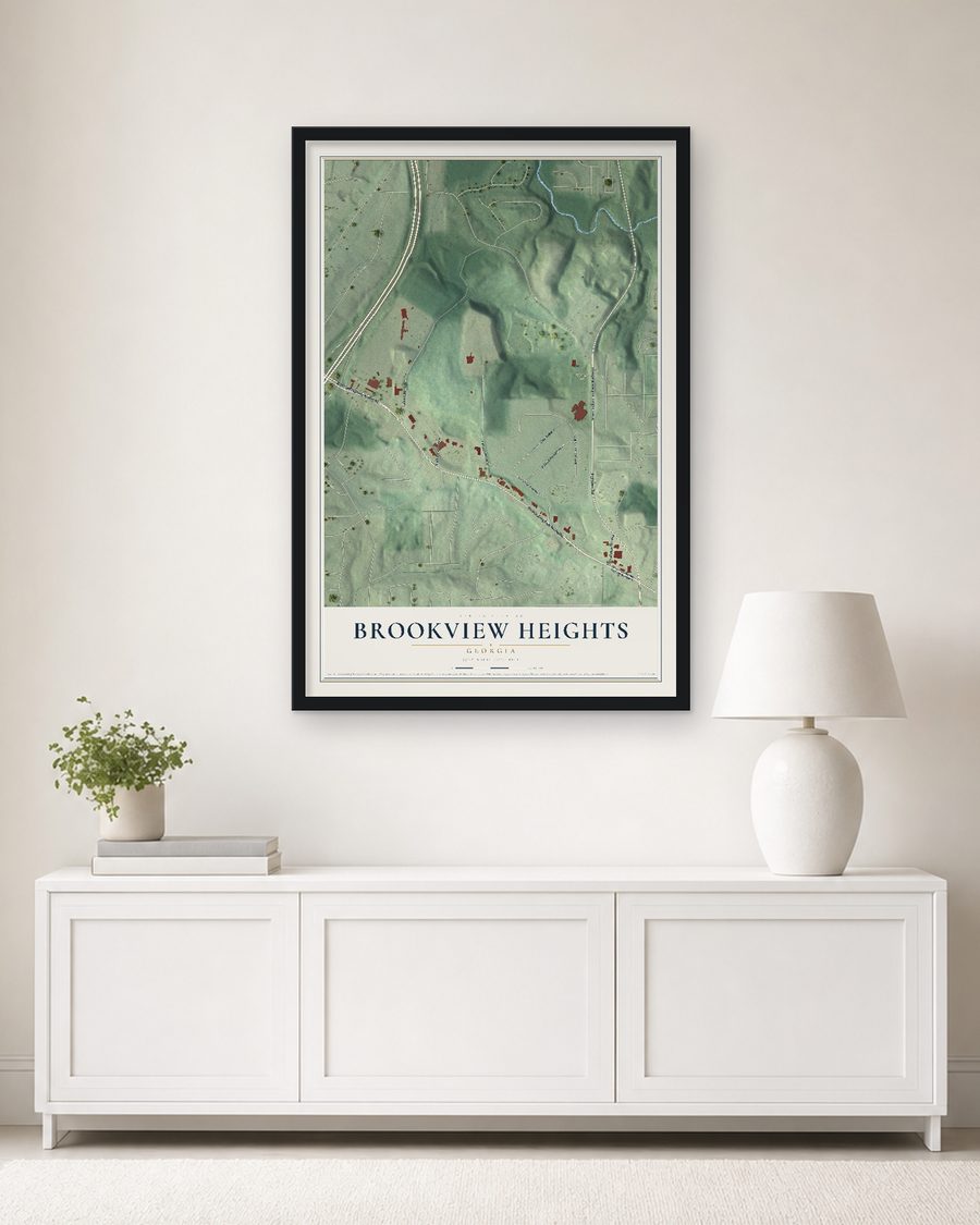 The Brookview Heights, Georgia map, 24 x 36 in, in a black wood frame on a living room wall