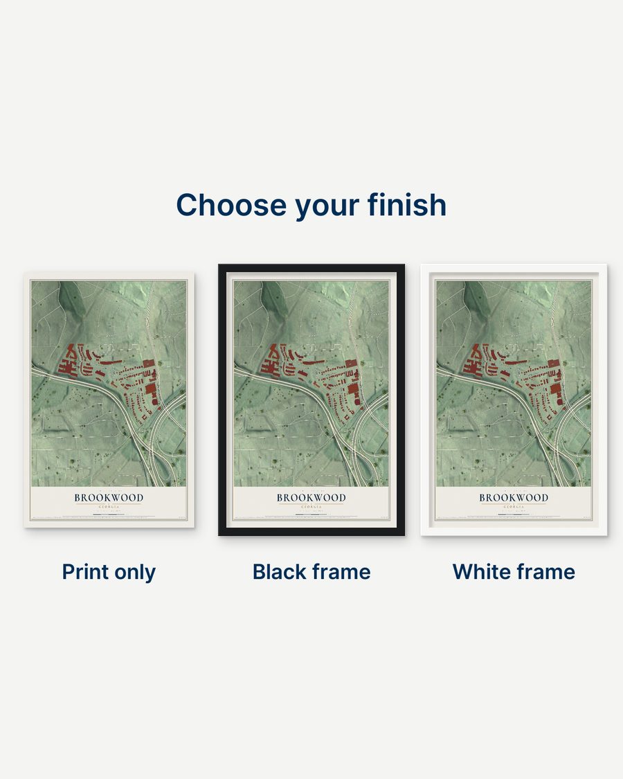 The Brookwood, Georgia map as a print only, in a black frame and in a white frame