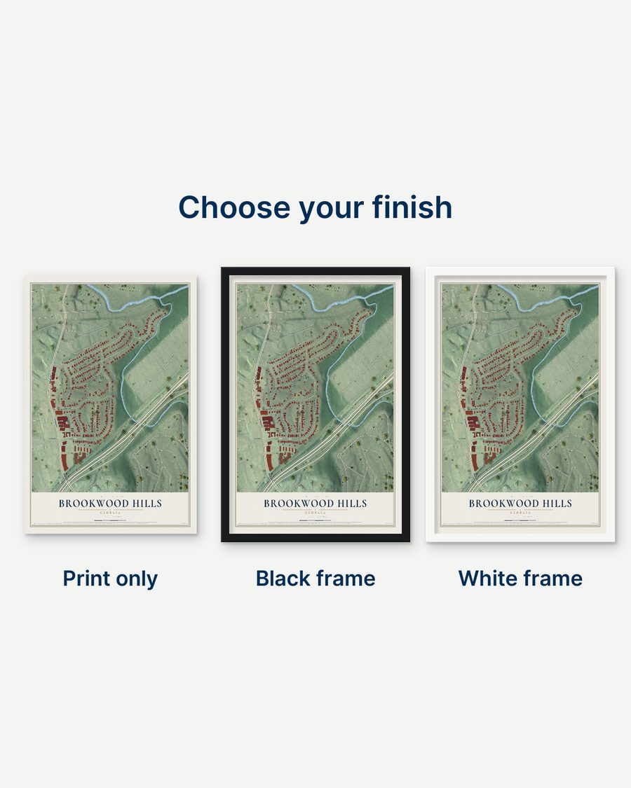 The Brookwood Hills, Georgia map as a print only, in a black frame and in a white frame