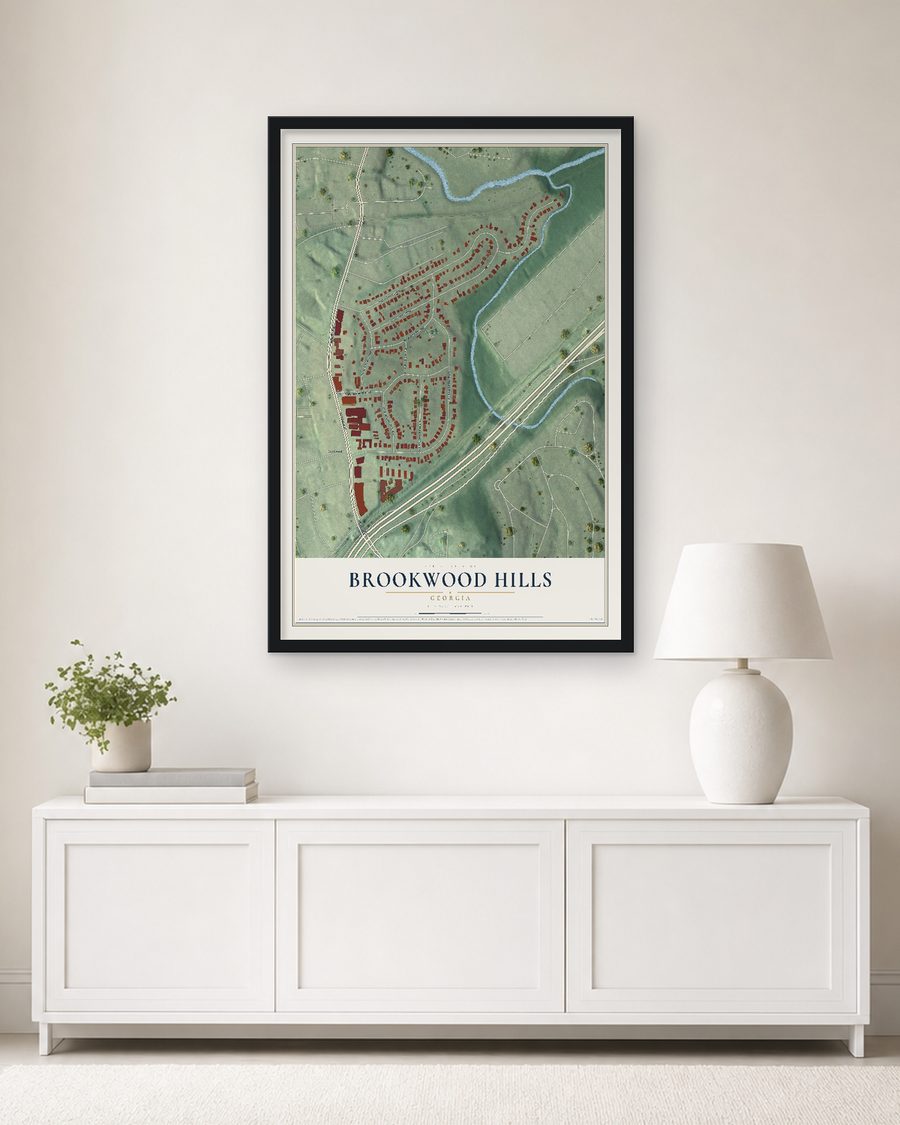 The Brookwood Hills, Georgia map, 24 x 36 in, in a black wood frame on a living room wall