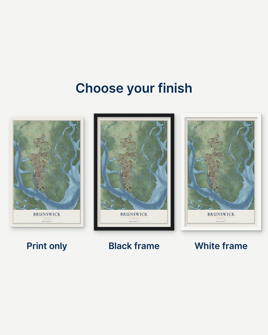 The Brunswick, Georgia map as a print only, in a black frame and in a white frame