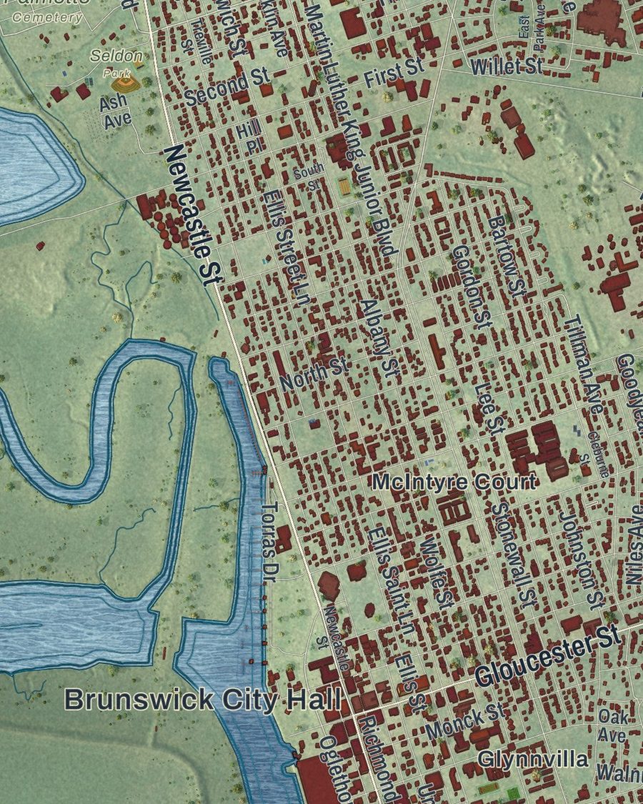 Close-up of Brunswick streets on the map