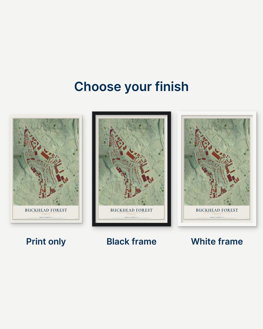 The Buckhead Forest, Georgia map as a print only, in a black frame and in a white frame
