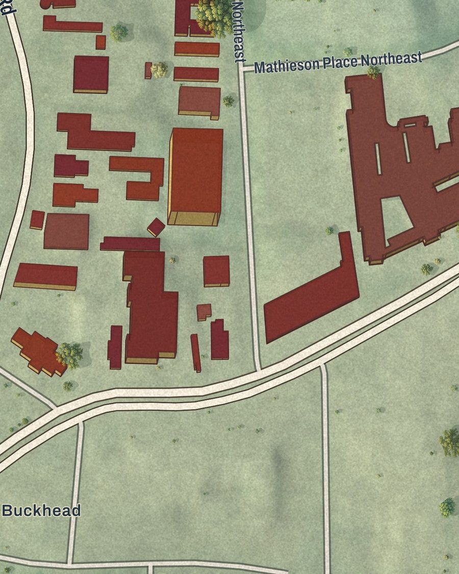 Close-up of Buckhead Forest streets on the map