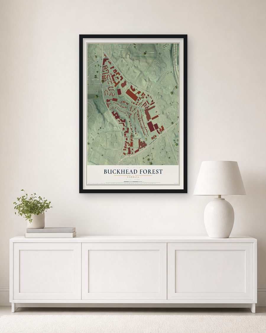 The Buckhead Forest, Georgia map, 24 x 36 in, in a black wood frame on a living room wall