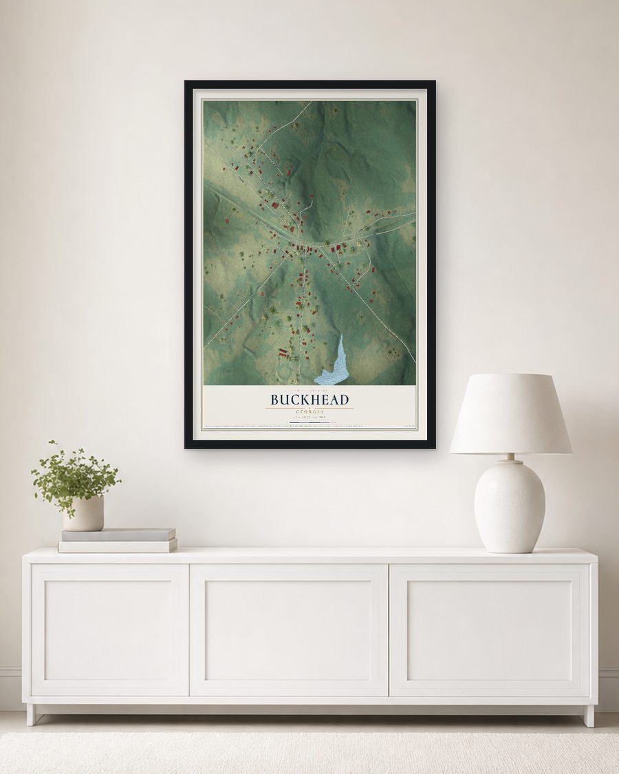 The Buckhead, Georgia map, 24 x 36 in, in a black wood frame on a living room wall