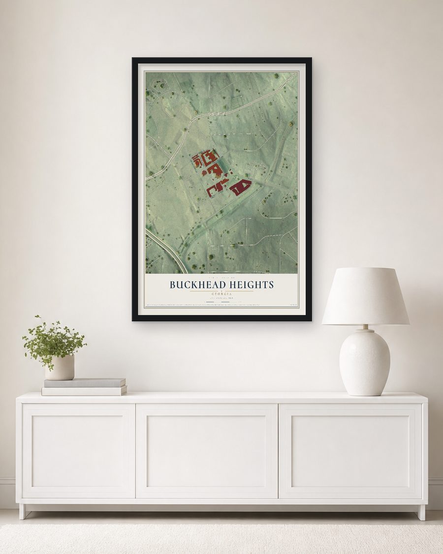 The Buckhead Heights, Georgia map, 24 x 36 in, in a black wood frame on a living room wall