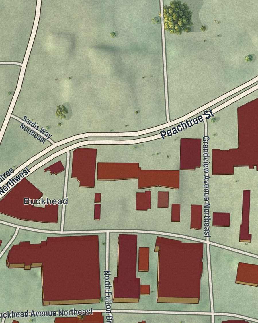 Close-up of Buckhead Village streets on the map