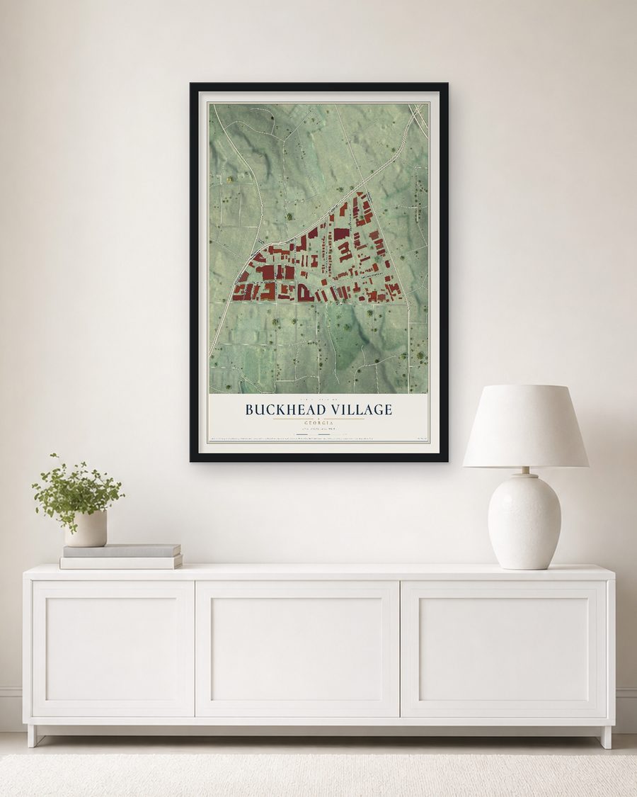 The Buckhead Village, Georgia map, 24 x 36 in, in a black wood frame on a living room wall
