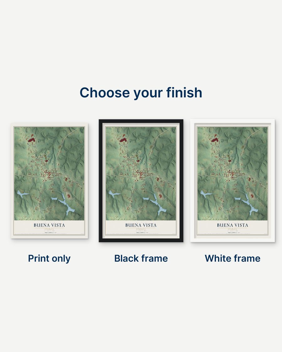 The Buena Vista, Georgia map as a print only, in a black frame and in a white frame
