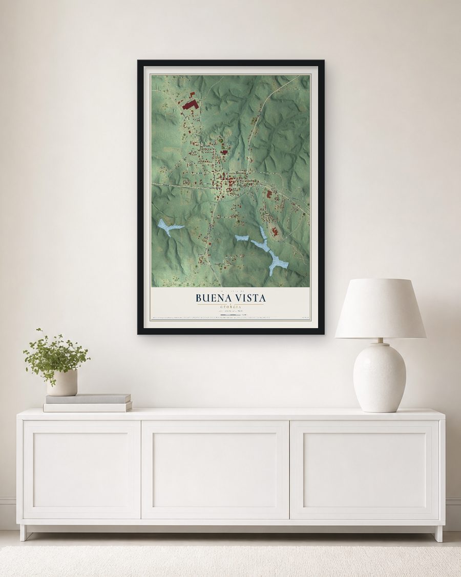 The Buena Vista, Georgia map, 24 x 36 in, in a black wood frame on a living room wall