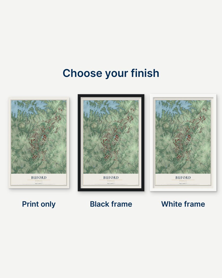 The Buford, Georgia map as a print only, in a black frame and in a white frame