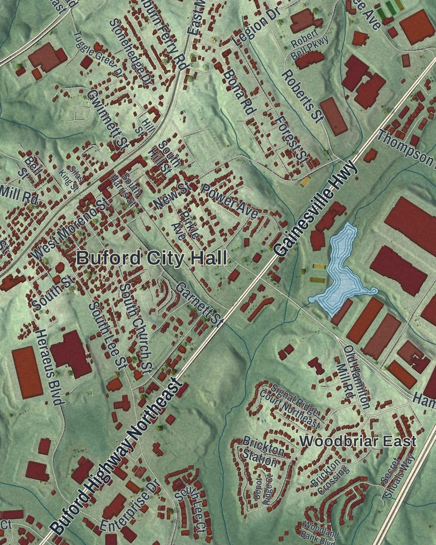 Close-up of Buford streets on the map