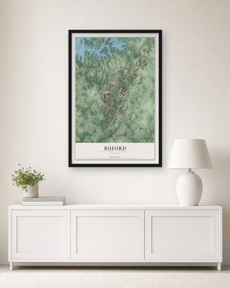 The Buford, Georgia map, 24 x 36 in, in a black wood frame on a living room wall
