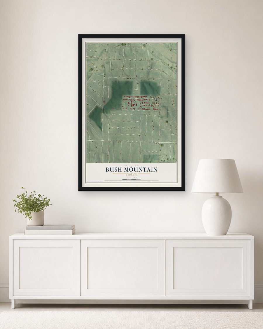 The Bush Mountain, Georgia map, 24 x 36 in, in a black wood frame on a living room wall