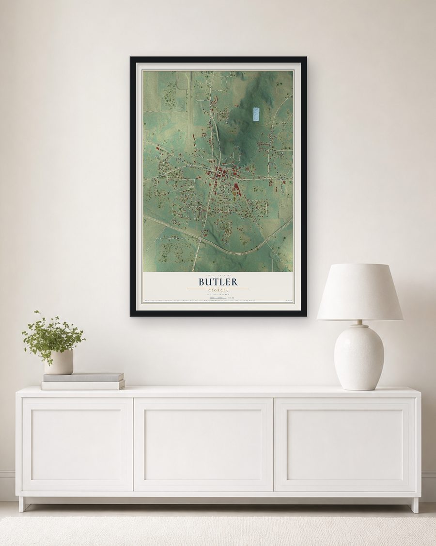 The Butler, Georgia map, 24 x 36 in, in a black wood frame on a living room wall