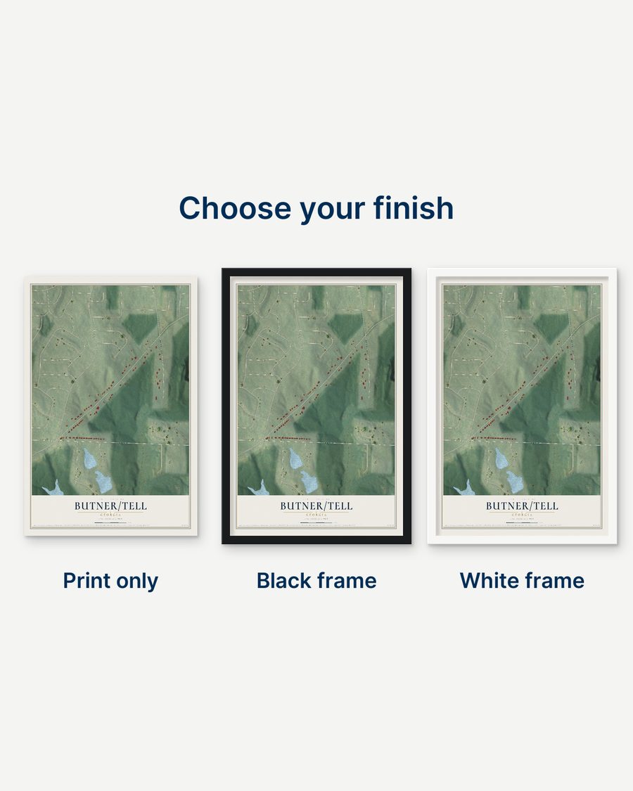 The Butner-Tell, Georgia map as a print only, in a black frame and in a white frame