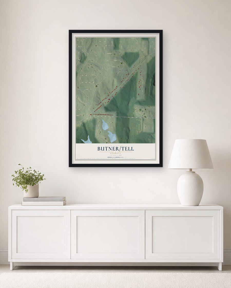 The Butner-Tell, Georgia map, 24 x 36 in, in a black wood frame on a living room wall