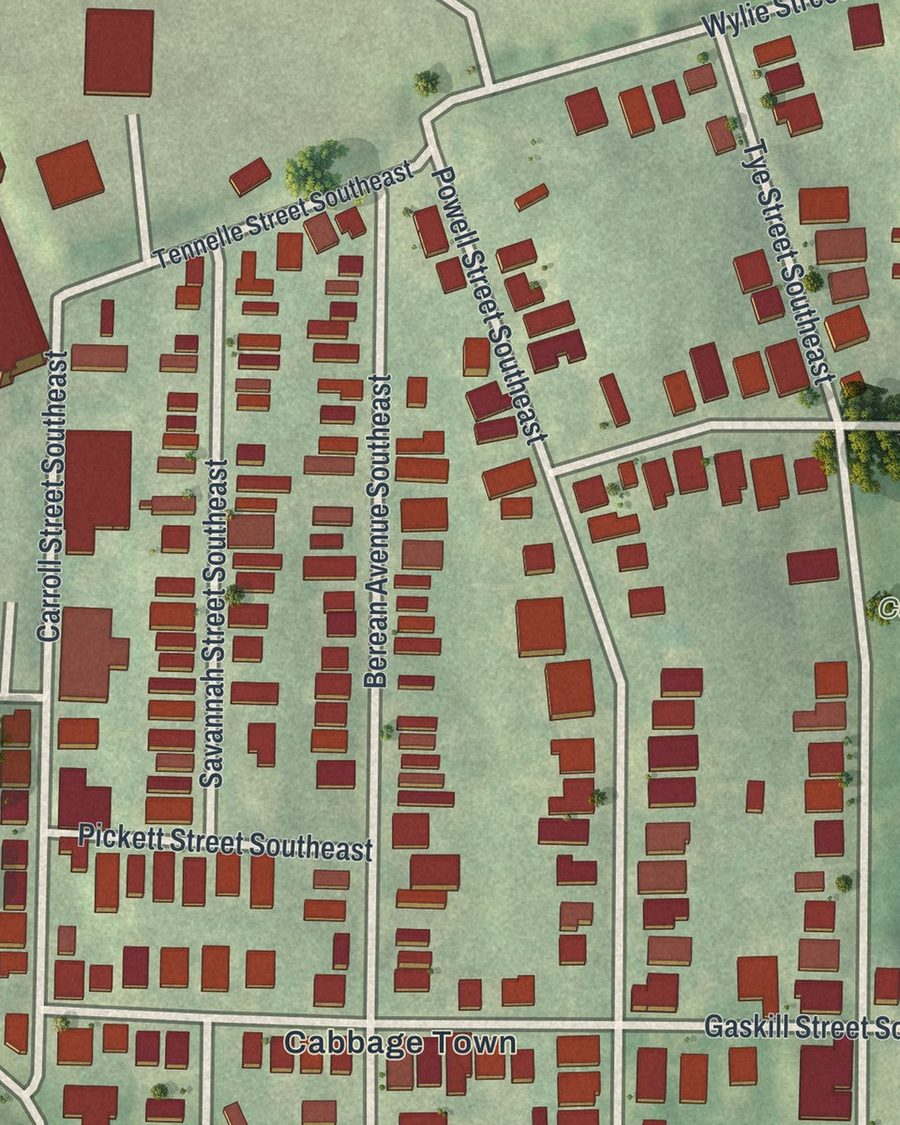 Close-up of Cabbagetown streets on the map