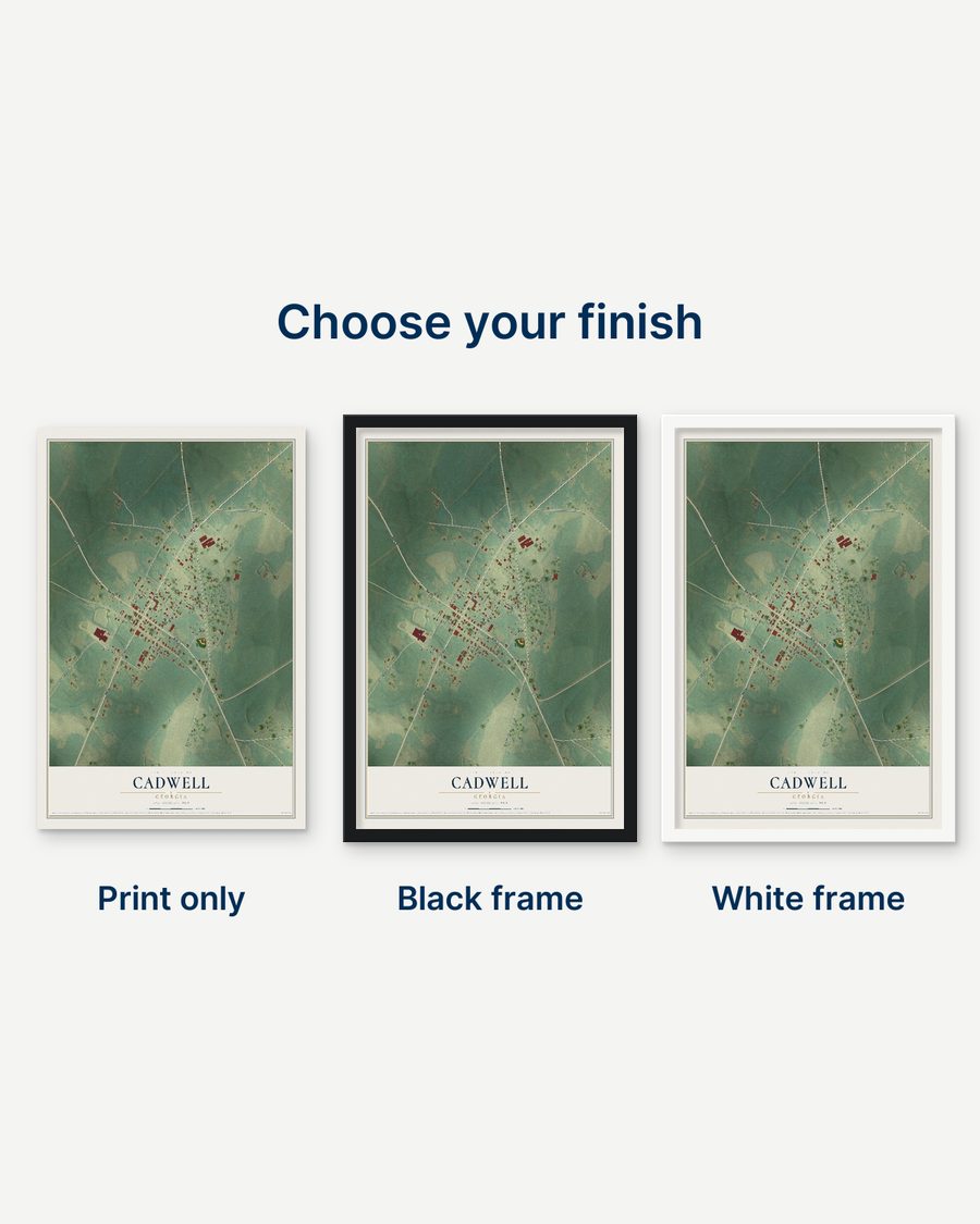 The Cadwell, Georgia map as a print only, in a black frame and in a white frame