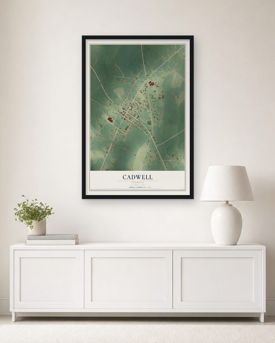 The Cadwell, Georgia map, 24 x 36 in, in a black wood frame on a living room wall
