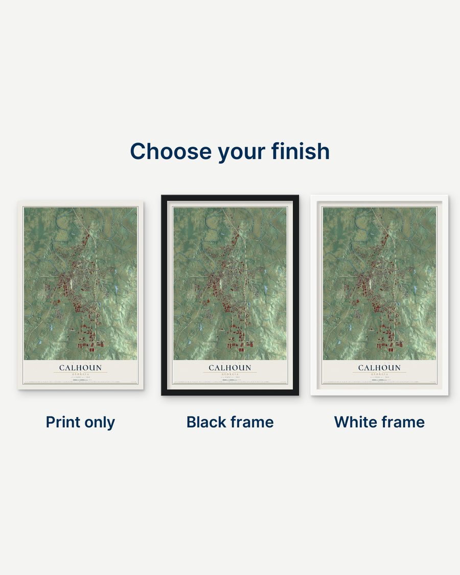 The Calhoun, Georgia map as a print only, in a black frame and in a white frame