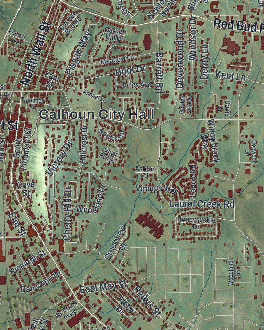 Close-up of Calhoun streets on the map