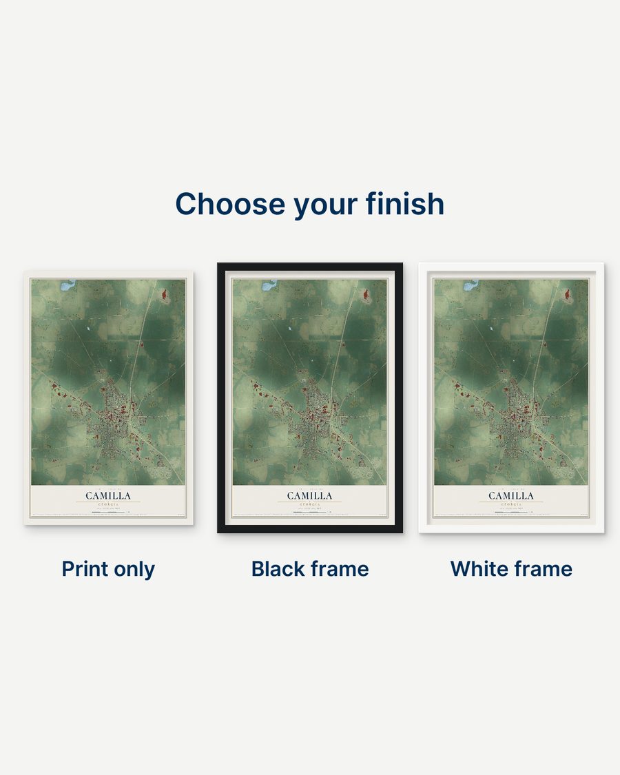 The Camilla, Georgia map as a print only, in a black frame and in a white frame