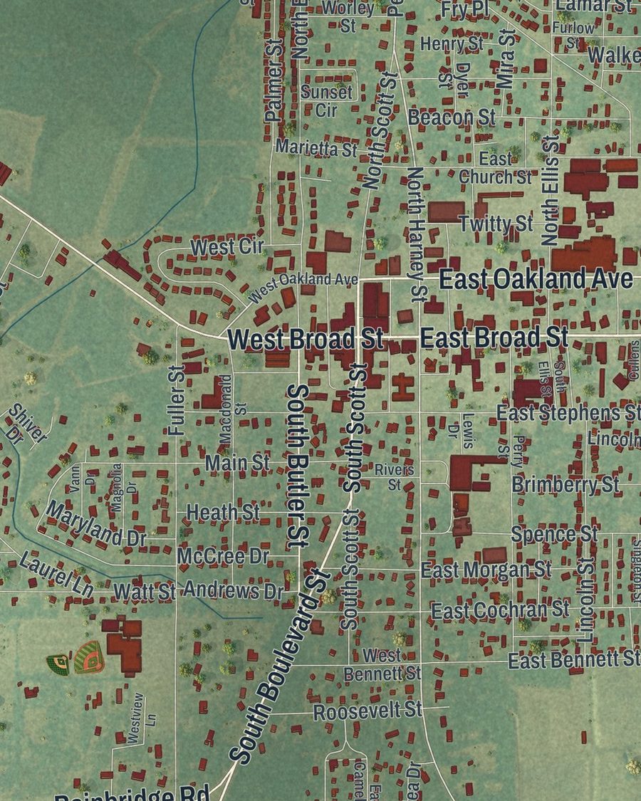 Close-up of Camilla streets on the map