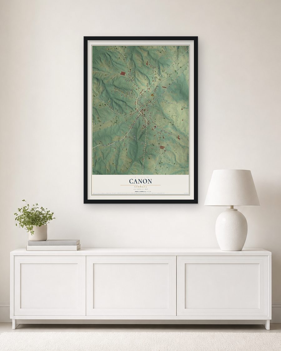 The Canon, Georgia map, 24 x 36 in, in a black wood frame on a living room wall