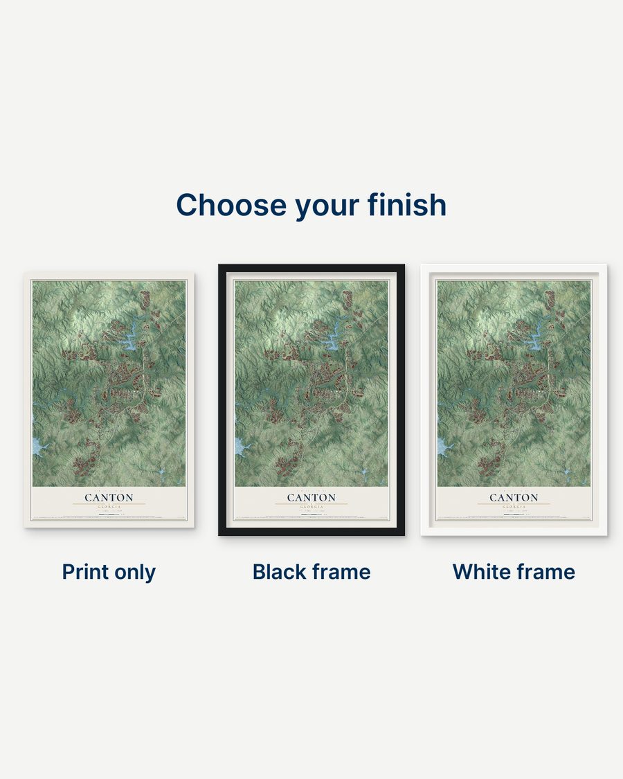 The Canton, Georgia map as a print only, in a black frame and in a white frame