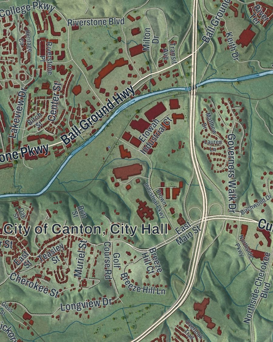 Close-up of Canton streets on the map