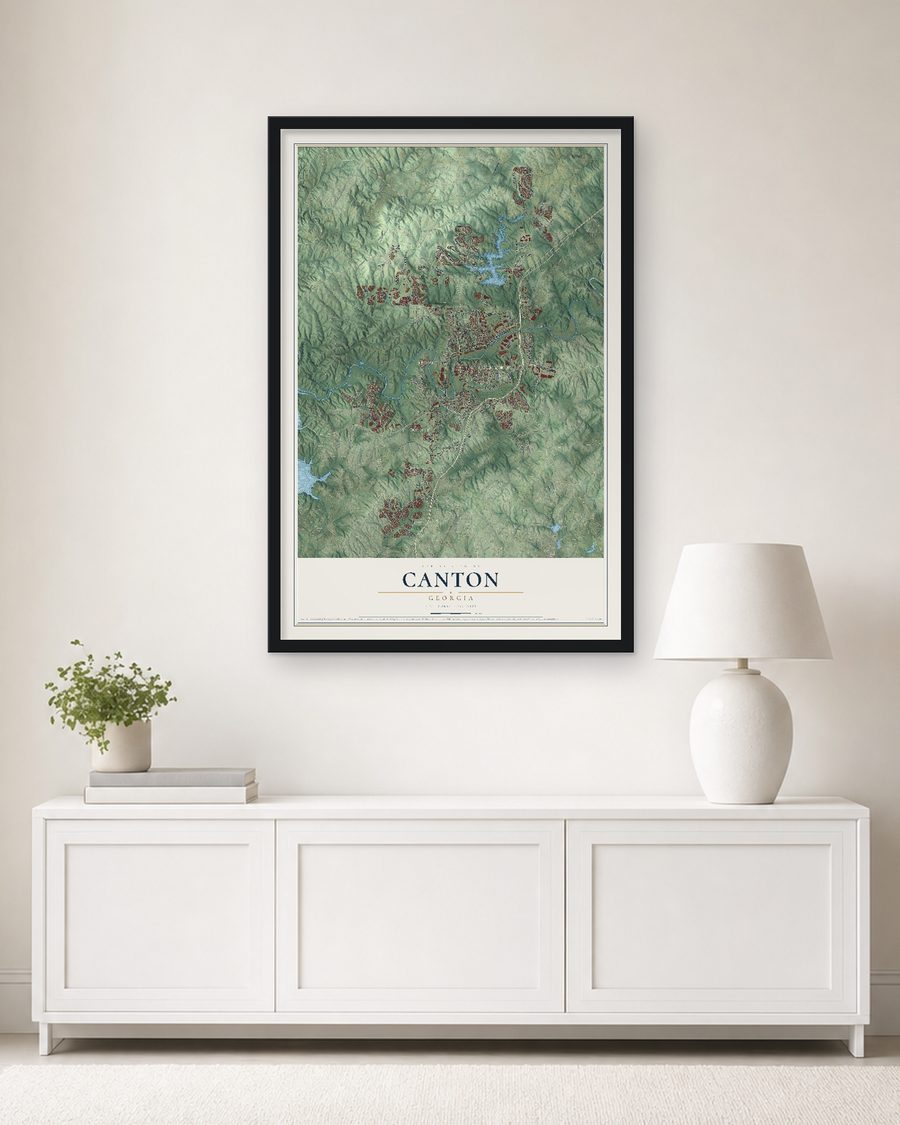 The Canton, Georgia map, 24 x 36 in, in a black wood frame on a living room wall