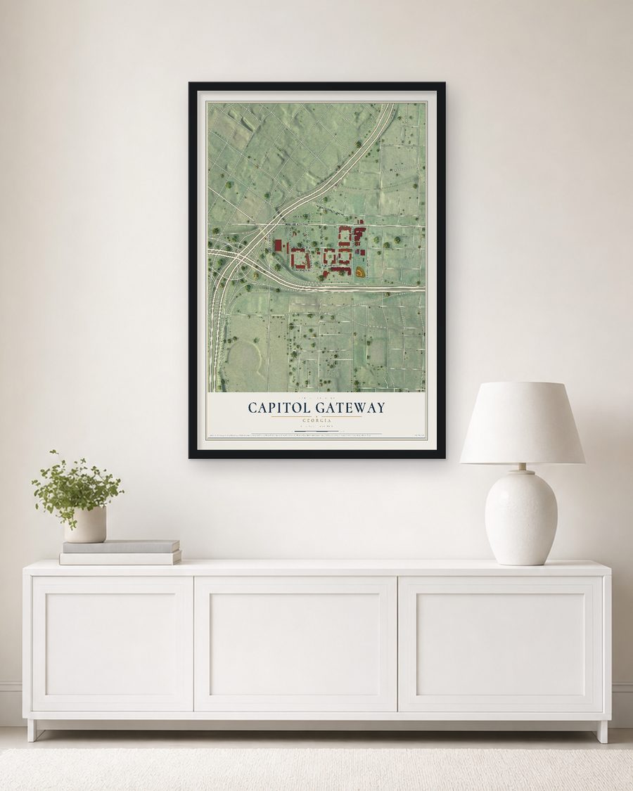 The Capitol Gateway, Georgia map, 24 x 36 in, in a black wood frame on a living room wall
