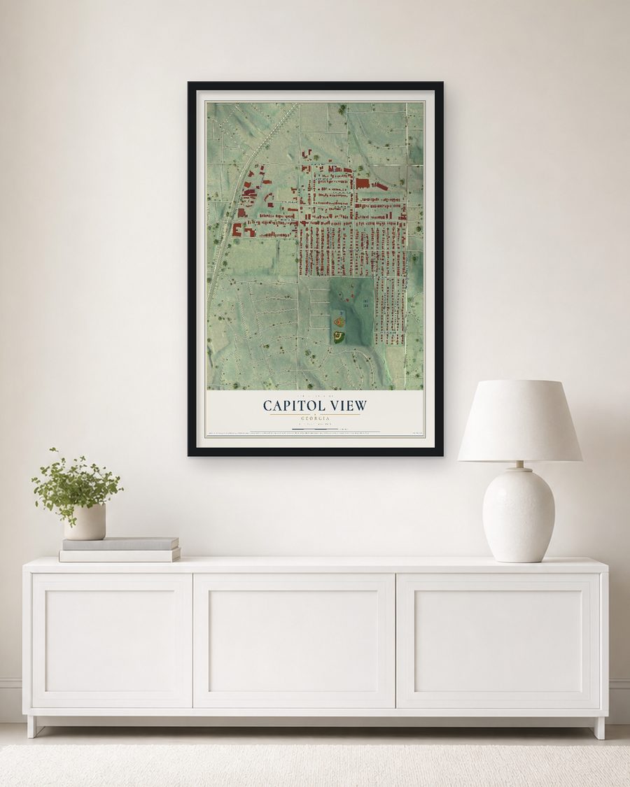 The Capitol View, Georgia map, 24 x 36 in, in a black wood frame on a living room wall