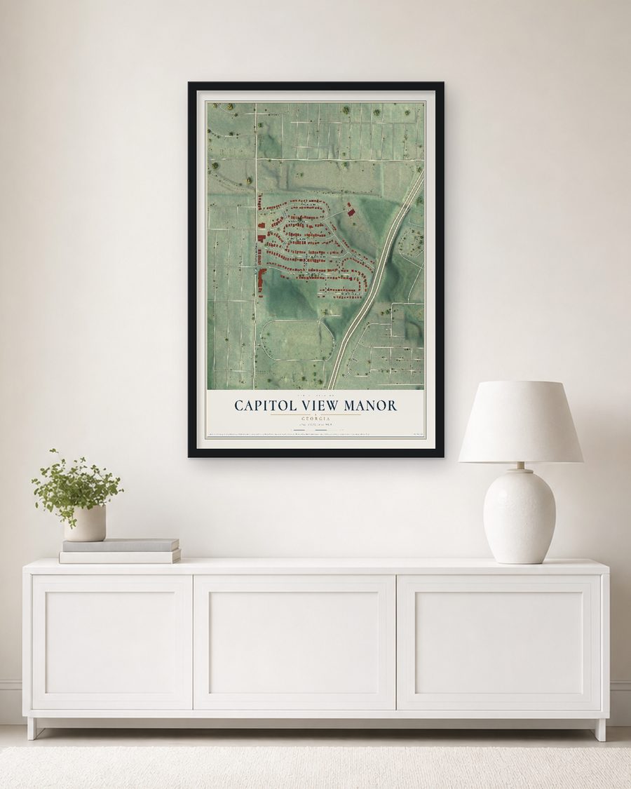The Capitol View Manor, Georgia map, 24 x 36 in, in a black wood frame on a living room wall