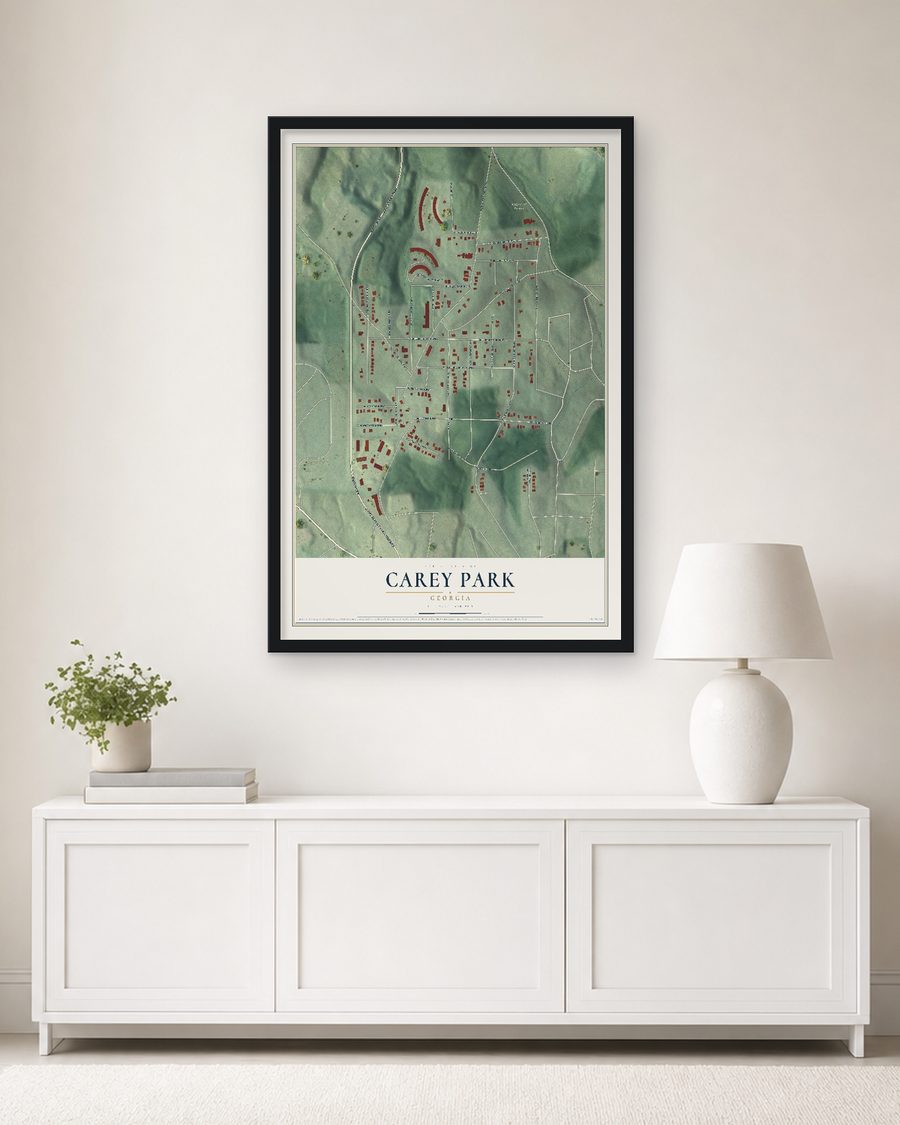 The Carey Park, Georgia map, 24 x 36 in, in a black wood frame on a living room wall